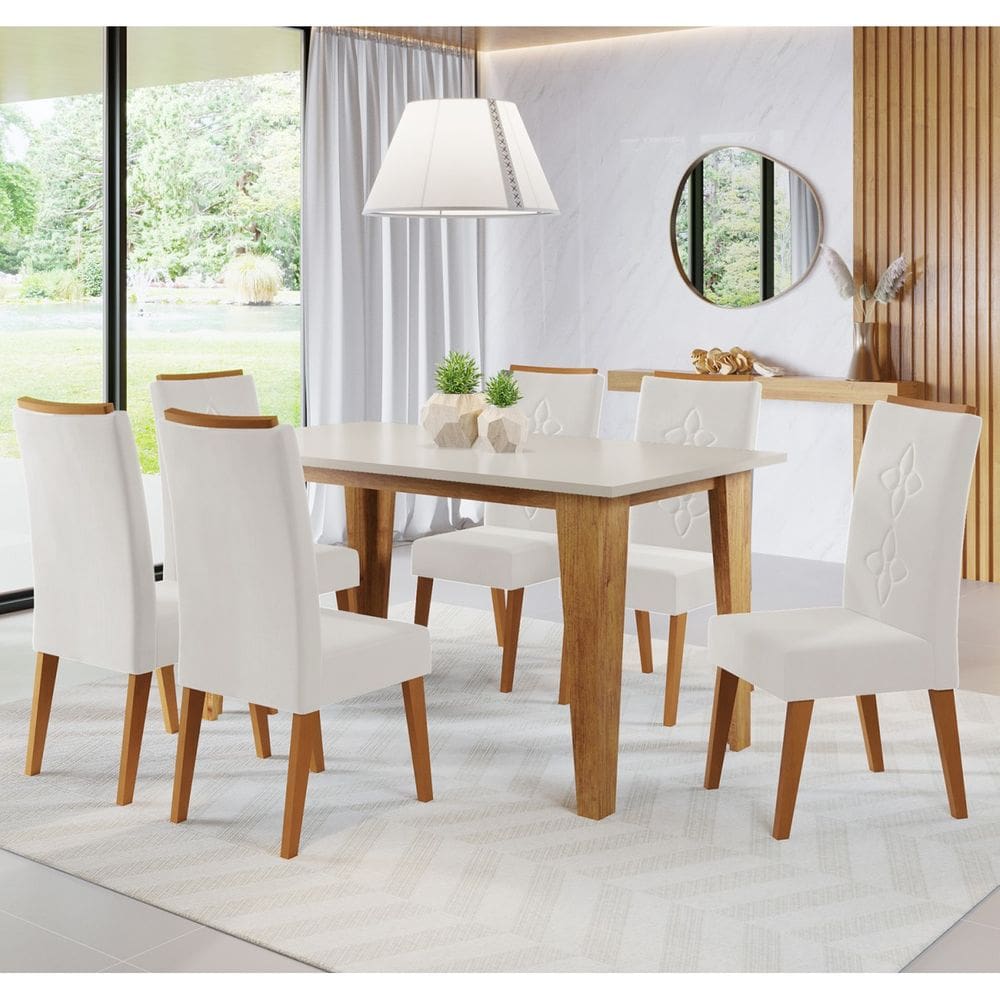 Mesa de Jantar Retangular Joey Com 6 Cadeiras Flora em Madeira Maciça Cobre/Blonde/Marfim - Casa Giulia