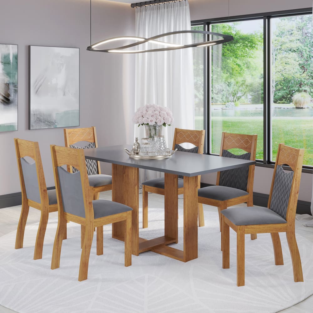 Mesa de Jantar Retangular Ayron Com 6 Cadeiras Pietra Cobre/Cinza Brilho/Grafite - Casa Giulia