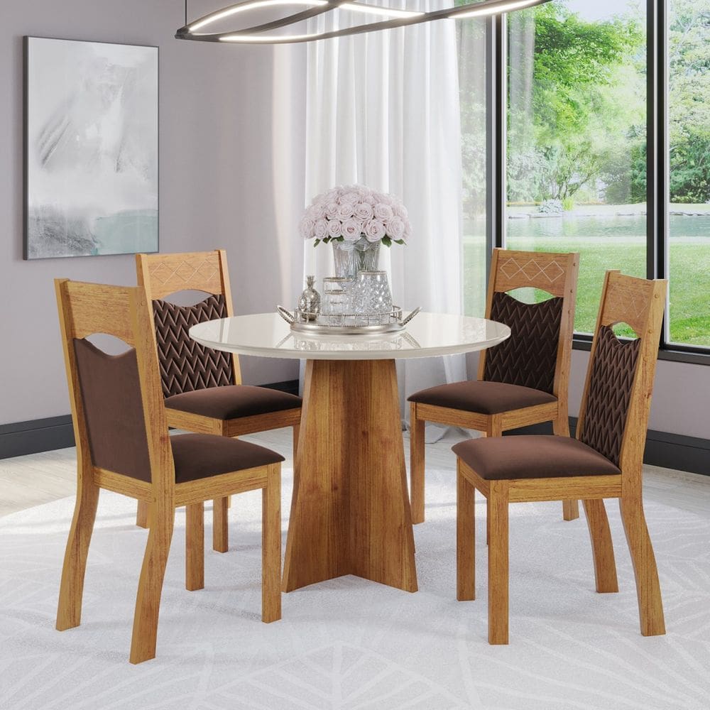 Mesa de Jantar Redonda  Lilith Com 4 Cadeiras Pietra Cobre/Off White/Bombom - Casa Giulia