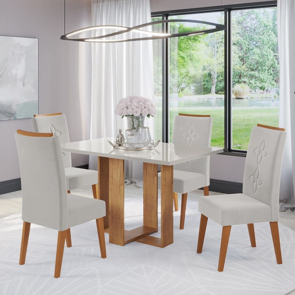 Mesa de Jantar Retangular Istambul Com 4 Cadeiras Flora em Madeira Maciça Cobre/Off White/Marfim - Casa Giulia