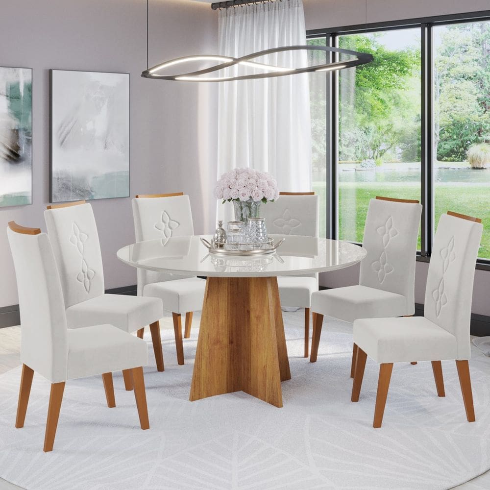 Mesa de Jantar Redonda Dylan Com 6 Cadeiras Flora em Madeira Maciça Cobre/Off White/V.marfim - Casa Giulia