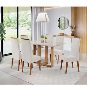 Mesa de Jantar Retangular Nevoa Com 6 Cadeiras Flora em Madeira Maciça Cobre/Blonde/Marfim - Casa Giulia