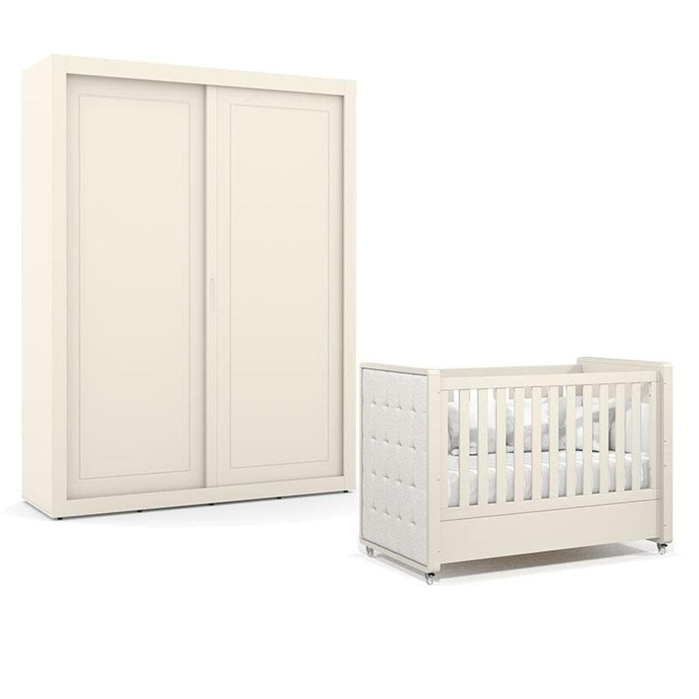 Berço Americano com Capitonê New Boucle e Guarda Roupa Tutto New 2 Portas Off White - Matic