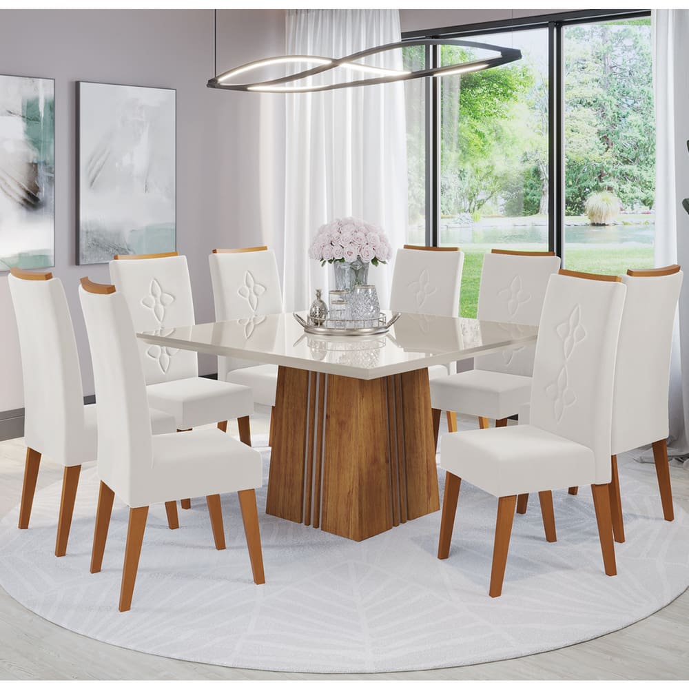 Mesa de Jantar Quadrada CarCobre Com 8 Cadeiras Flora em Madeira Maciça Cobre/Off White/V.marfim - Casa Giulia