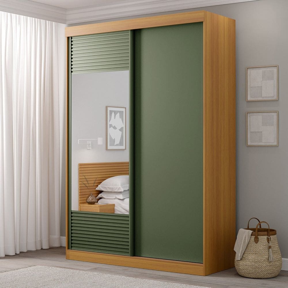 Guarda-roupa Solteiro 2 Portas 1 Porta com Espelho Samambaia Cabecasa Madeiramadeira Carvalho/Verde