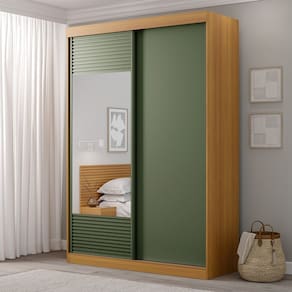 Guarda-roupa Solteiro 2 Portas 1 Porta com Espelho Samambaia Cabecasa Madeiramadeira Carvalho/Verde