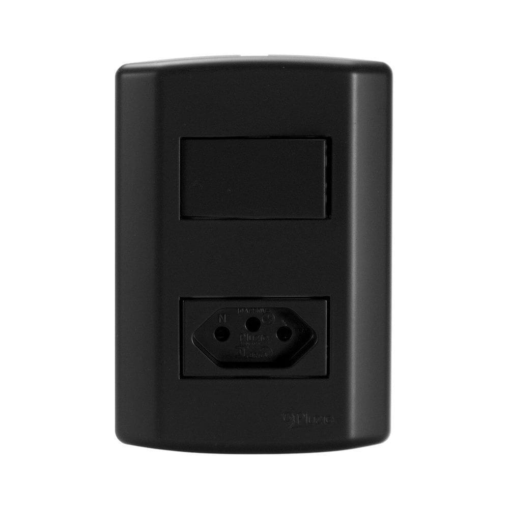Interruptor de 1 Tecla Simples e Tomada 2p+t 20A , Modular, com Placa 4x2 e Suporte Preto Fosco