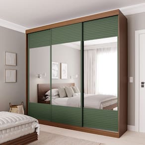 Guarda-roupa Casal 3 Portas de Correr Ripadas com Espelho Samambaia Cabecasa Madeiramadeira Freijó/Verde