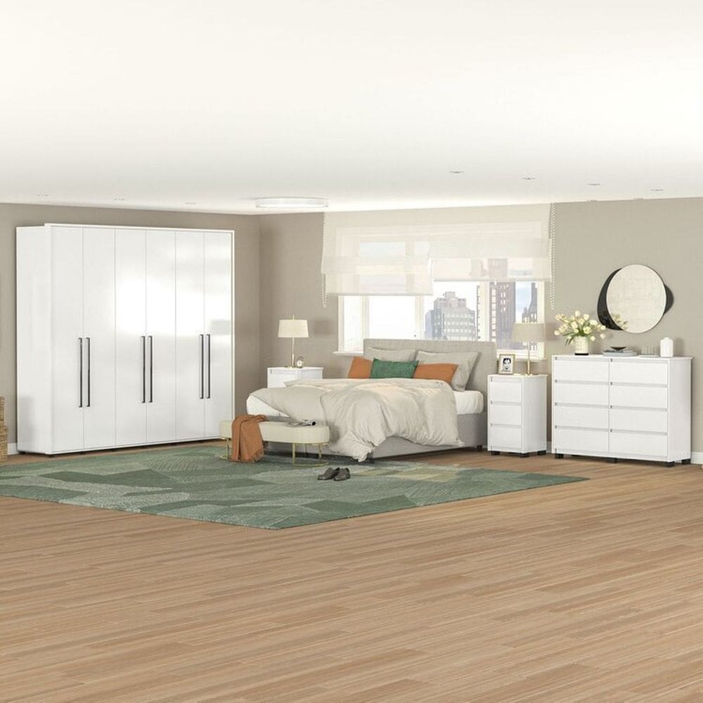 Quarto com Guarda-Roupa 6 Portas, Cômoda 8 Gavetas e 2 Mesas de Cabeceira 3 Gavetas Branco