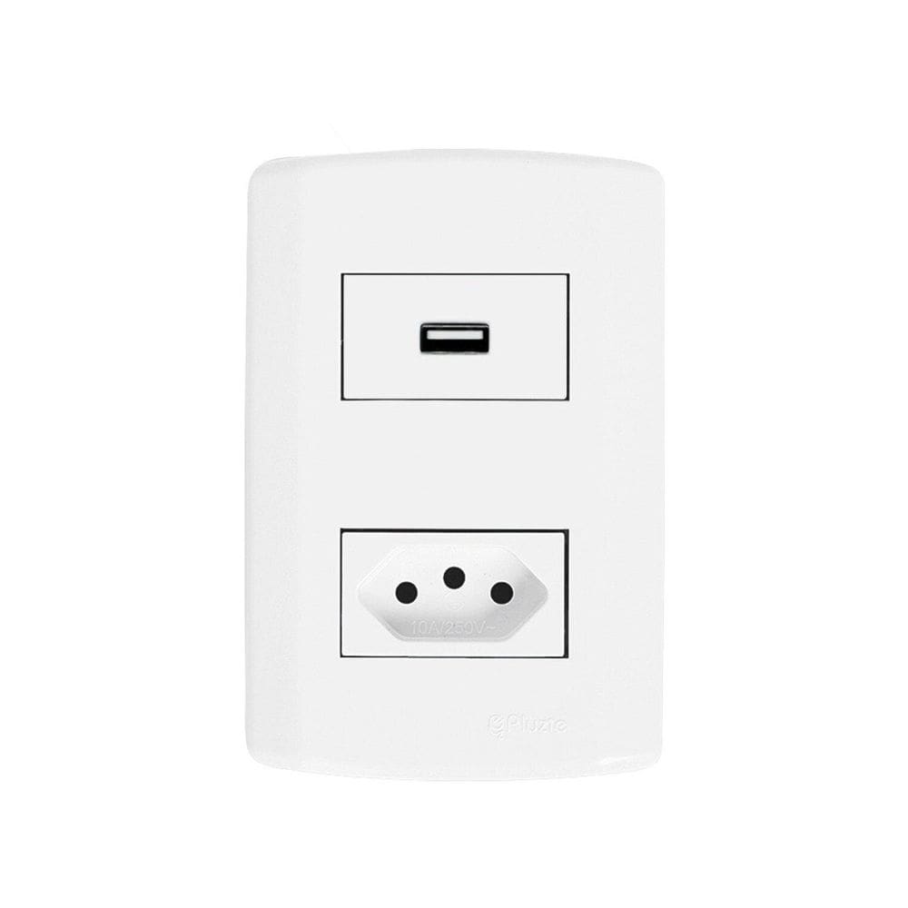 Conjunto com 1 Tomada USB + 1 Tomada 2p+t 20A 250v, Modular, com Placa 4x2 e Suporte