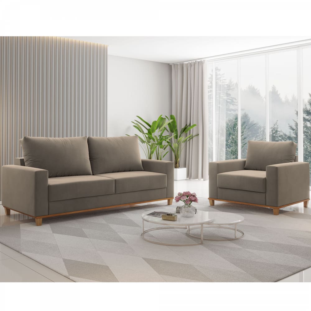 Conjunto Estofado Living 3 Lugares e 1 Poltrona Napoles Perola - Casa Giulia