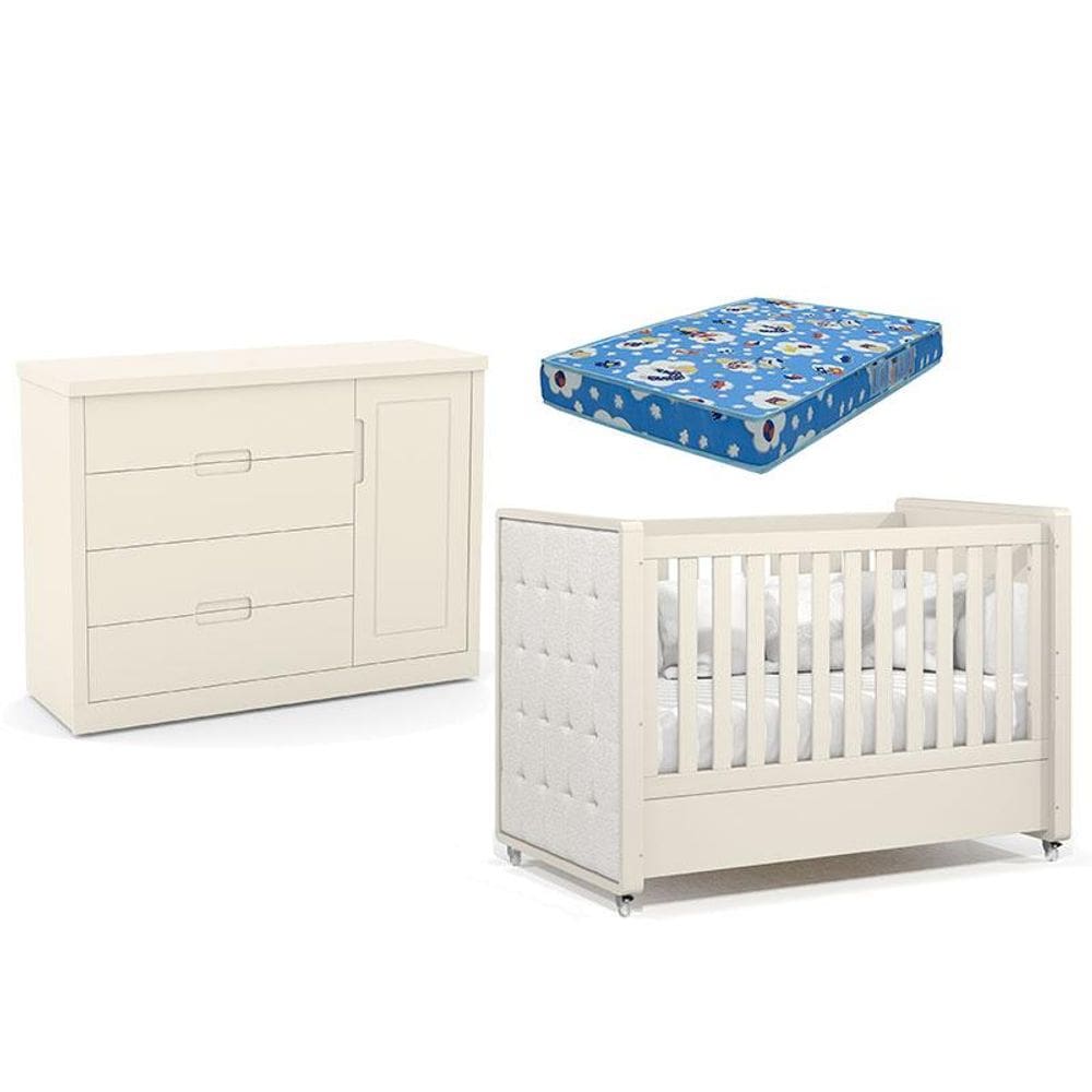 Berço Americano com Capitonê New Boucle e Cômoda Infantil Tutto New Off White e Colchão Ortobom - Matic