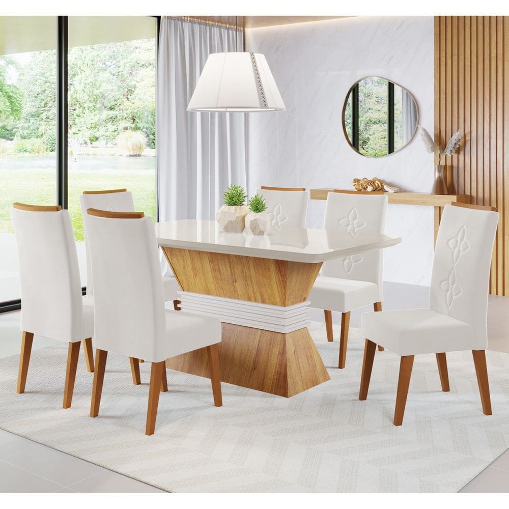 Mesa de Jantar Retangular Hermione Com 6 Cadeiras Flora em Madeira Maciça Cobre/Off White/Marfim - Casa Giulia