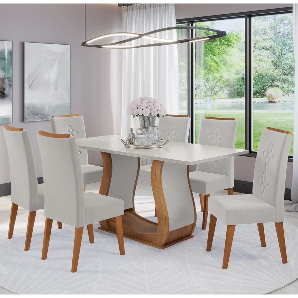 Mesa de Jantar Retangular Harley Com 6 Cadeiras Flora em Madeira Maciça Cobre/Blonde/Marfim - Casa Giulia