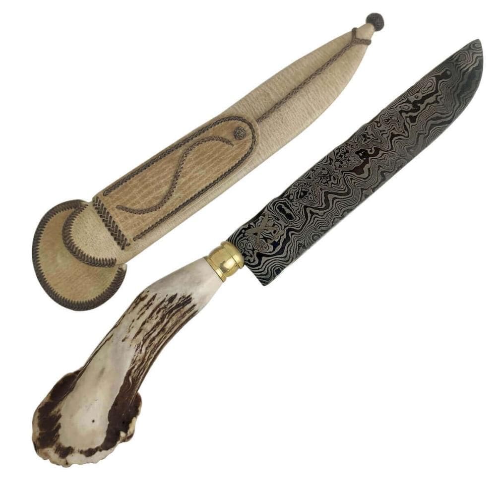 Faca Chifre de Cervo Roseta Aço Damasco 10` Churrasco Artesanal Dorso Mosqueado Zanline