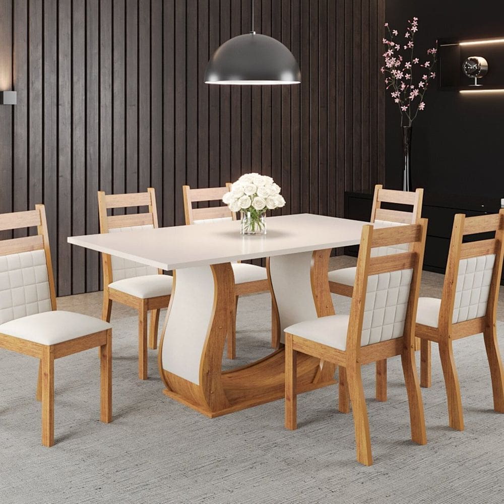 Mesa de Jantar Retangular 160x80cm com 6 Cadeiras Sicilia Mel/ Blonde/ Marfim