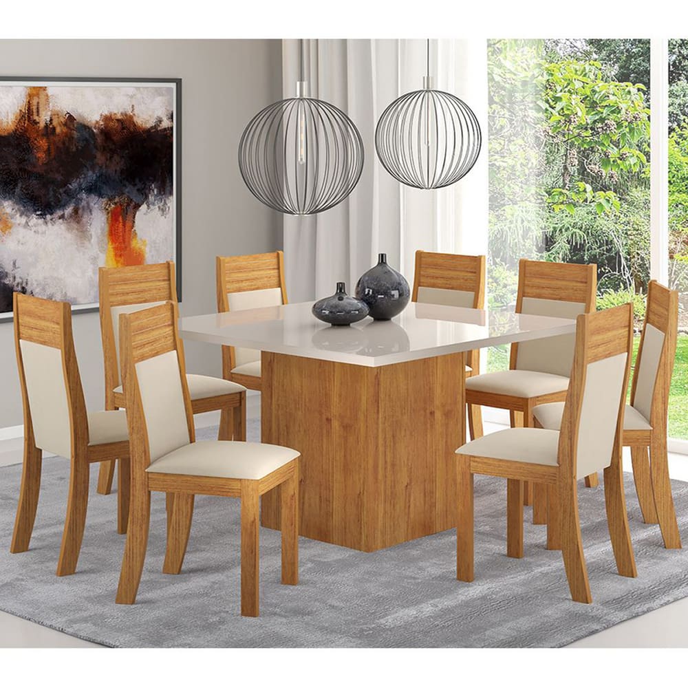 Mesa de Jantar Quadrada Estela Com 8 Cadeiras Roma Cobre/Bege/Vd Off white - Casa Giulia
