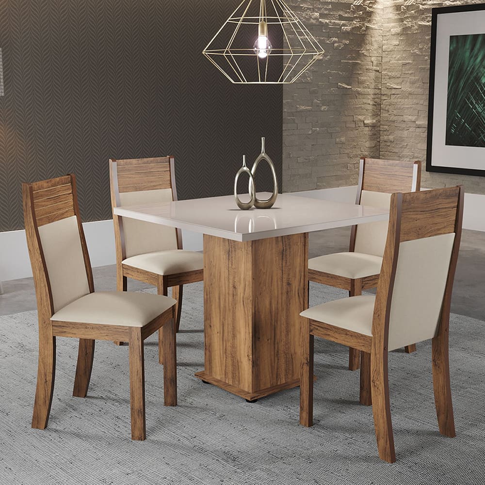 Mesa de Jantar Quadrada Milk Com 4 Cadeiras Roma Imbuia/Bege/Vd Off White - Casa Giulia