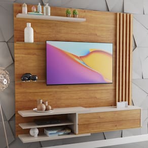 Painel para TV até 60 Polegadas Armani com ripado 1 Porta 4 prateleiras Cobre/Off White - Casa Giulia