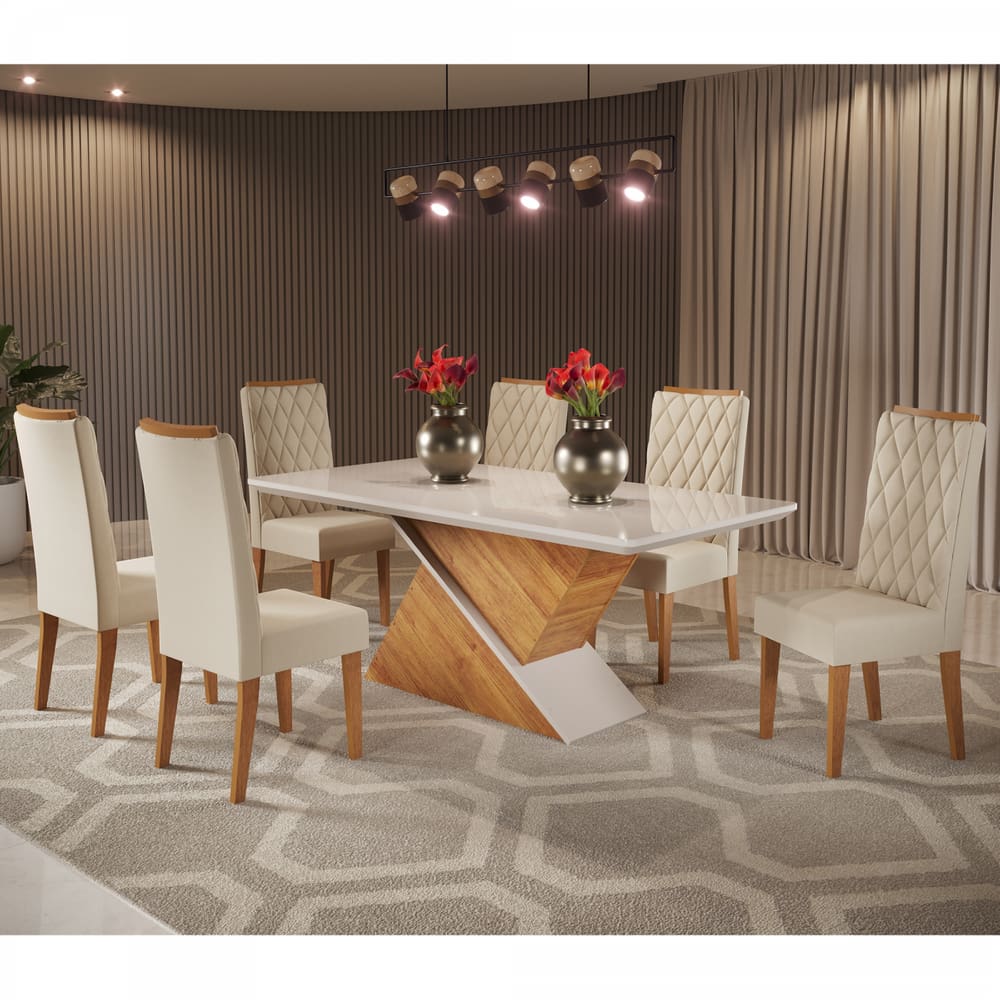 Mesa de Jantar Retangular Crystal Com 6 Cadeiras Iza Cobre/Bege/Vd Off White - Casa Giulia