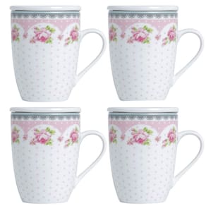 4 Canecas de Porcelana para Chá 310ml com Tampa e Filtro Inox Infusoor Lyor Rosa