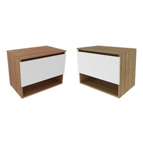 Kit com 2 Gabinetes Suspensos para Banheiro 60cm Porta Basculante Amêndoa/Branco