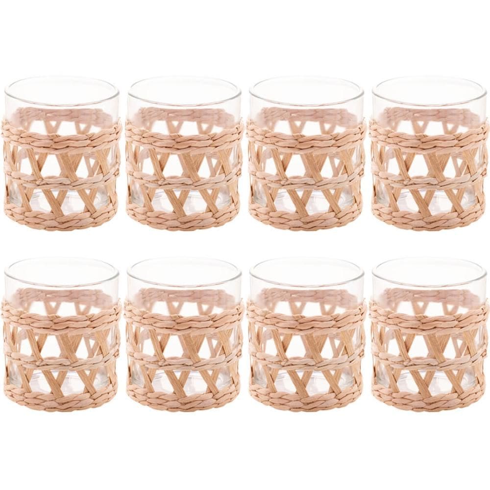 Conjunto 8 Copos Baixos de Vidro Wolff com Sisal 320ml Decorados Fibra Natural Rústicos