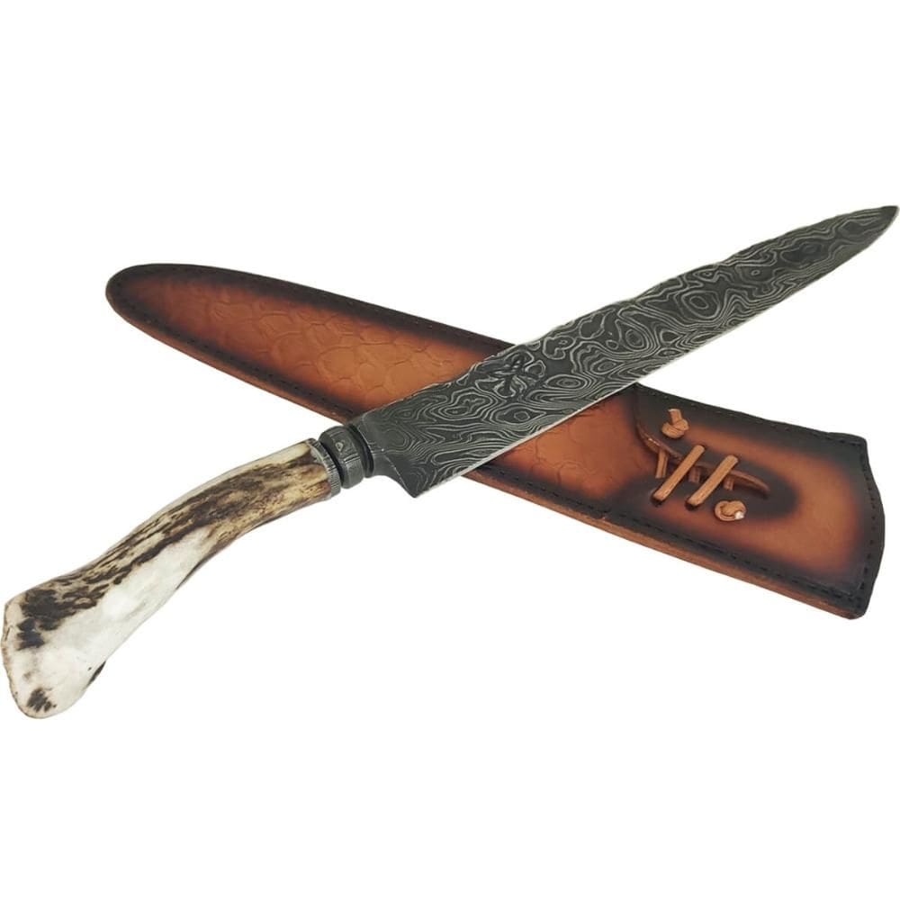 Faca Aço Damasco Artesanal 11` Cabo Chifre Roseta de Cervo 6mm Integral Churrasco