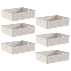 Conjunto 6 Cestos Organizadores 8,2L Flow Bege 34x27x9cm Lavanderia Banheiro Closet