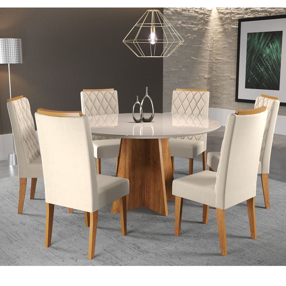 Mesa de Jantar Redonda Young Com 6 Cadeiras Iza Cobre/Bege/Vd Off White - Casa Giulia