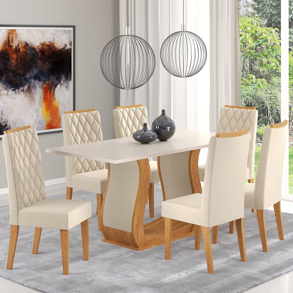 Mesa de Jantar Retangular Flora Com 6 Cadeiras Iza Cobre/Blonde/Bege - Casa Giulia