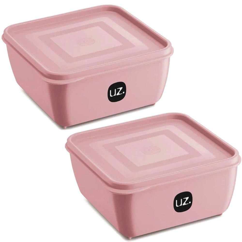 2 Potes Plásticos UZ Rosa Quadrado Multiuso 1,5L com Tampa Premium Alimentos