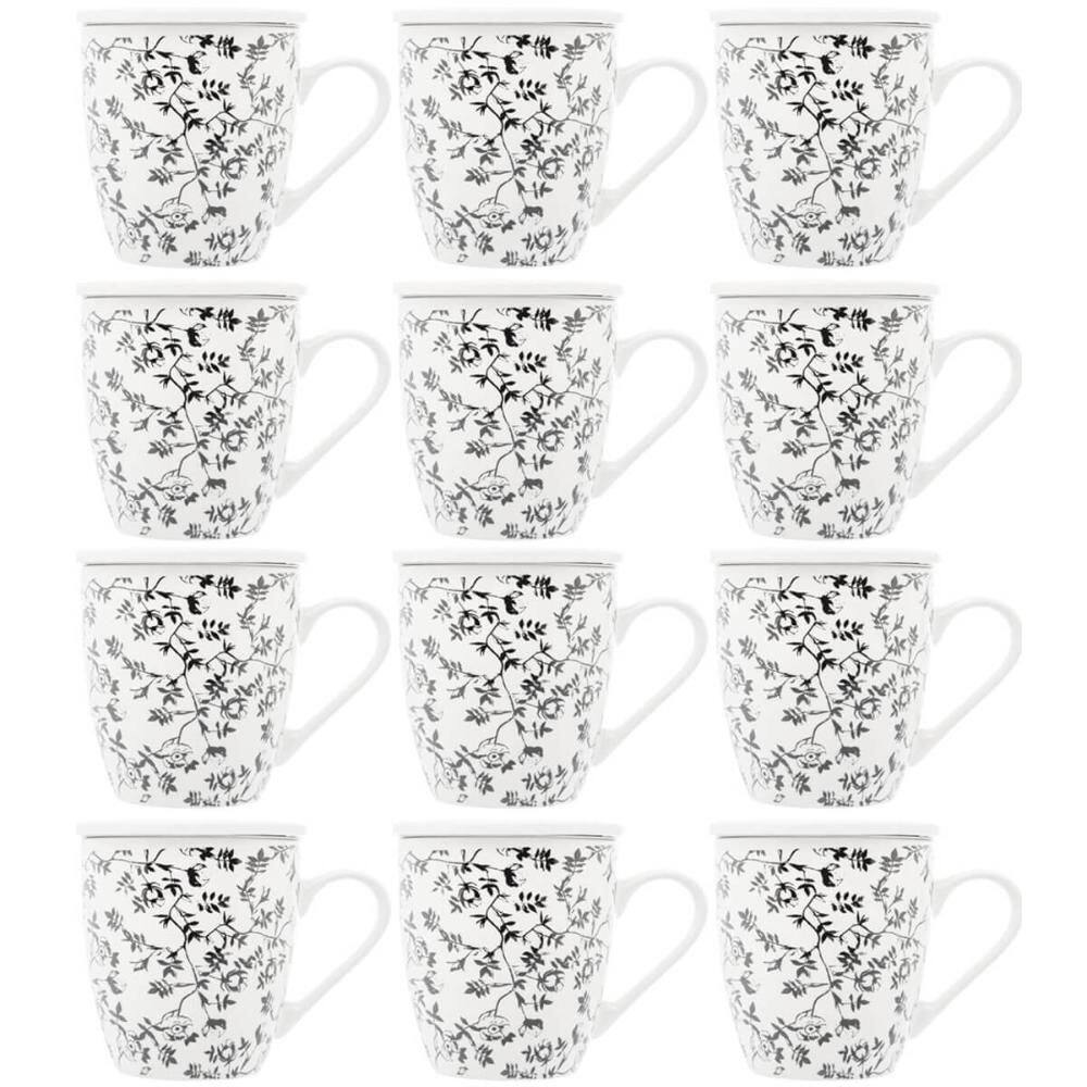 Jogo de Xícaras de Porcelana 12 Canecas com Infusor de Chá e Tampa 310ml Tiny Flowers Lyor