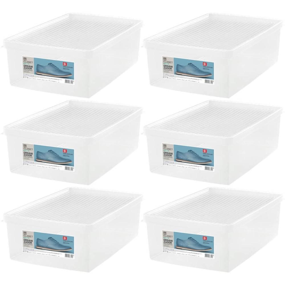 Kit 6 Caixas para Sapatos Tampas Ventiláveis Plástico Ordene Organizadores Empilháveis Calçados