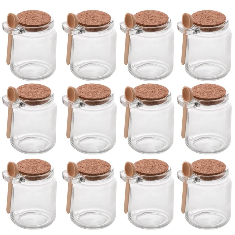 Conjunto 12 Potes de Vidro com Tampa de Rolha Colher de Bambu Porta Temperos 240ml Lyor