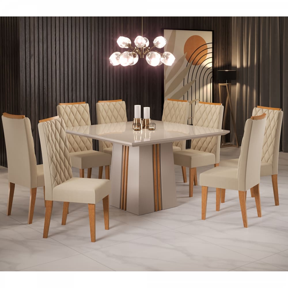 Mesa de Jantar Quadrada Sonhare Com 8 Cadeiras Iza Off White/Cobre/Bege/Vd Off White - Casa Giulia