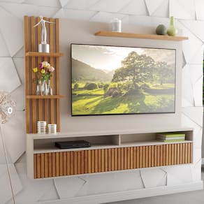 Painel para TV Até 65 Polegadas Chandon com ripado 1 Porta 3 Prateleiras Off White/Cobre - Casa Giulia