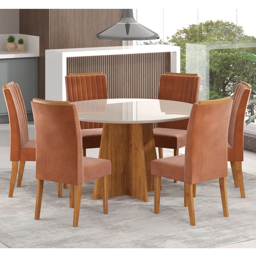 Mesa de Jantar Redonda Julieta Com 6 cadeiras Fran Cobre/Off White/Terracota - Casa Giulia