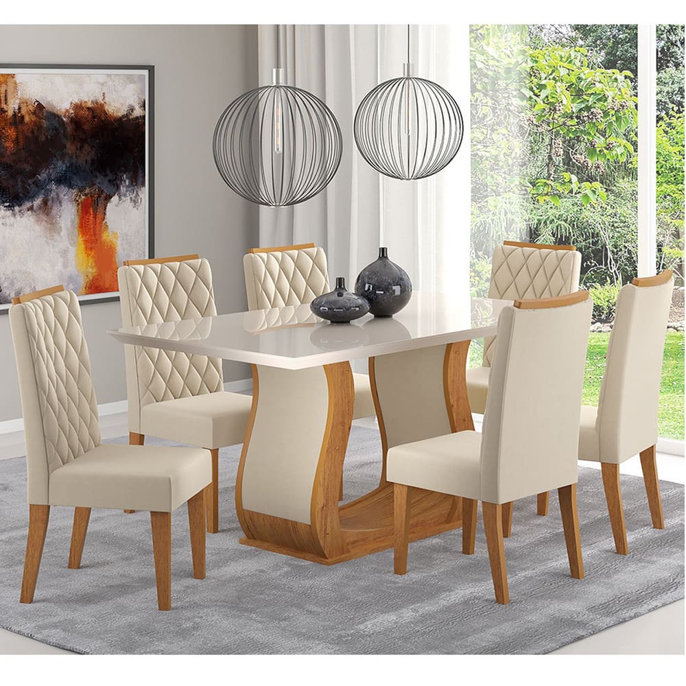 Mesa de Jantar Retangular Amarilla Com 6 Cadeiras Iza Cobre/Bege/Vd Off White - Casa Giulia
