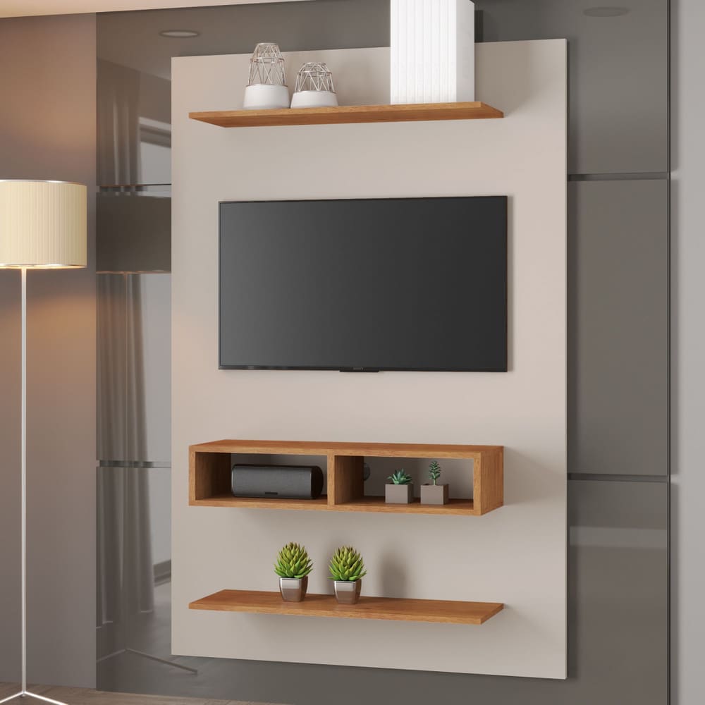 Painel para TV Até 43 Polegadas Thor 2 Nichos 2 Prateleiras Off White/Cobre - Casa Giulia