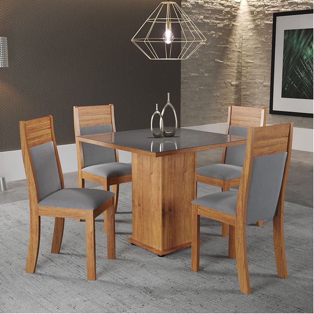 Mesa de Jantar Quadrada Milk Com 4 Cadeiras Roma  Cobre/Cinza/Vd Grafite - Casa Giulia