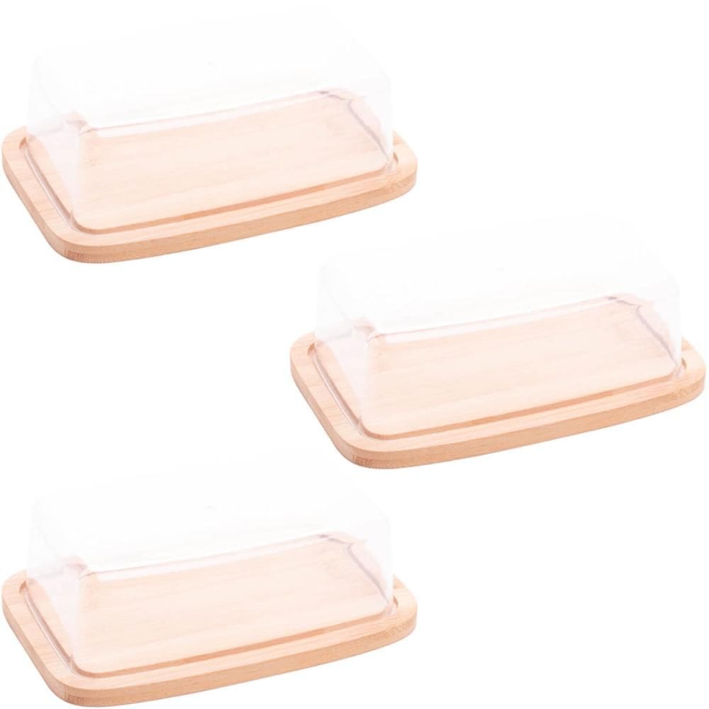 3 Manteigueiras de Bambu com Tampa Plástica Lyor 19x12,5x6cm