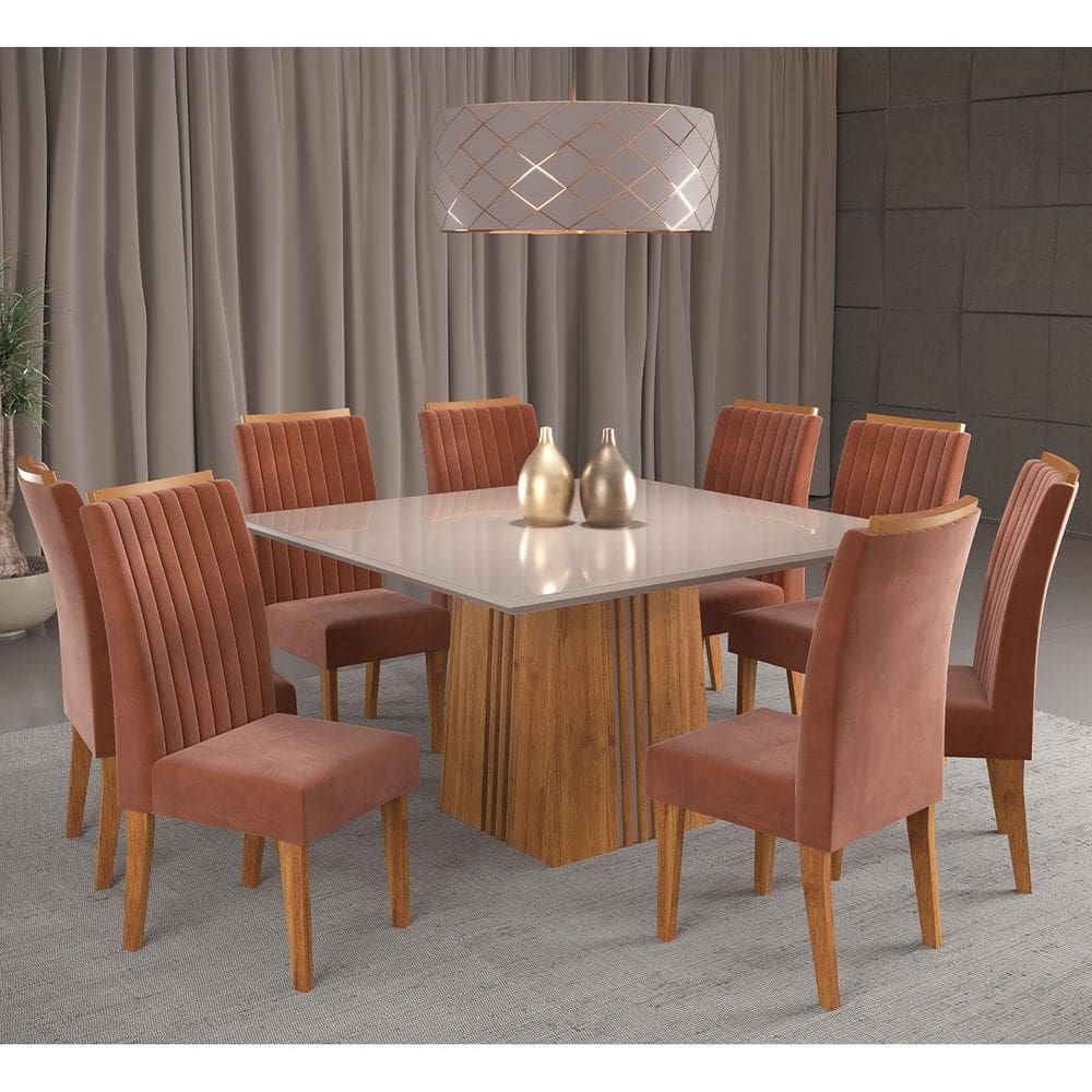 Mesa de Jantar Quadrada Suprema Com 8 Cadeiras Fran Cobre/Off White/Terracota - Casa Giulia