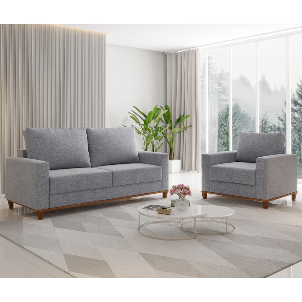 Conjunto Estofado Living 3 Lugares e 1 Poltrona Napoles Linho Inox - Casa Giulia