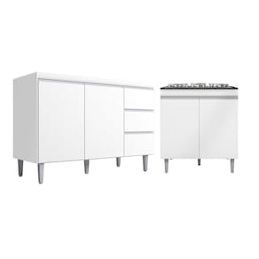 Kit Balcão Gabinete Para Pia Andreia 120cm C- Balcão Cooktop 4 Ou 5 Bocas Branco