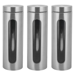 Kit 3 Potes Para Mantimentos Inox E Vidro Com Visor 1750Ml
