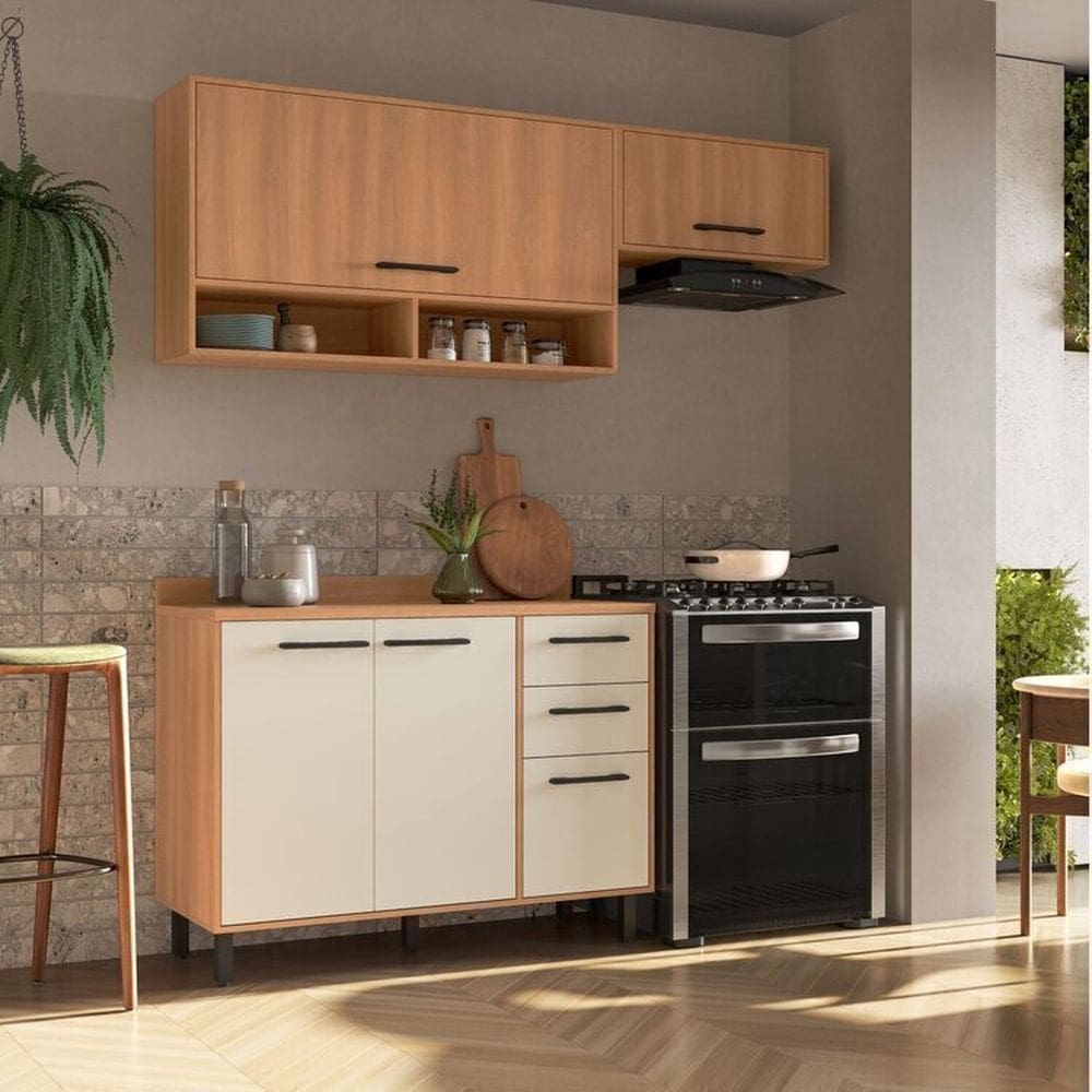 Cozinha Modulada Havana 3 Peças com Tampo 5 Portas e 2 Gavetas Rovere/Champanhe