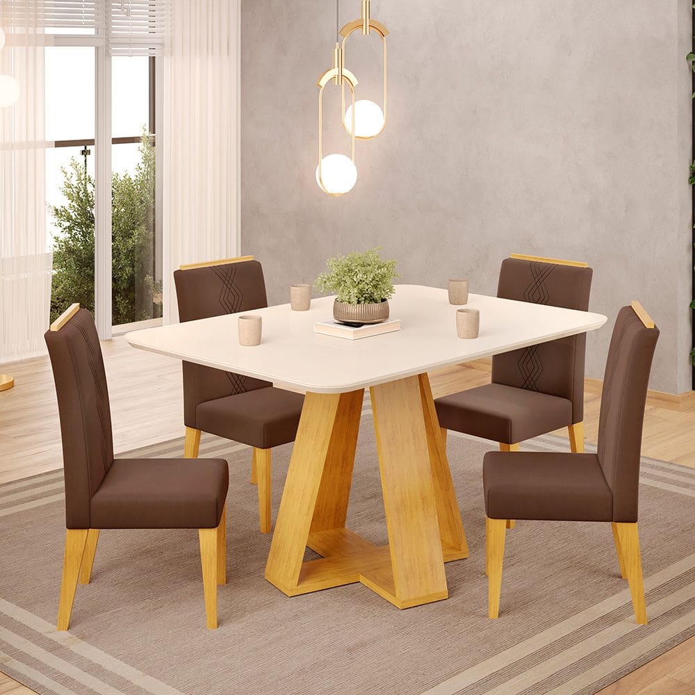 Mesa de Jantar Kiara 120x90 com 04 Cadeiras Yasmin Cedro Off White Veludo Moca DJ Móveis