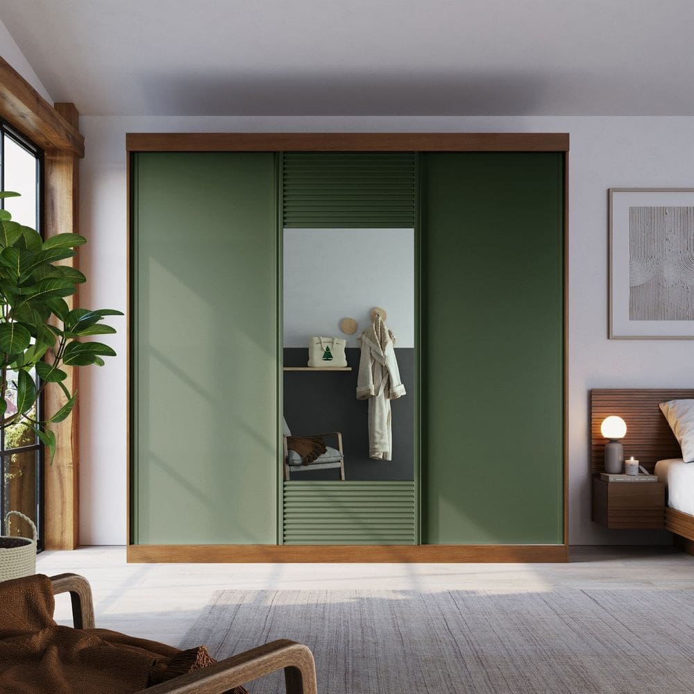 Guarda-roupa Casal 3 Portas de Correr 1 Porta com Espelho Samambaia Cabecasa Madeiramadeira Freijó/Verde
