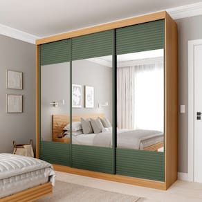 Guarda-roupa Casal 3 Portas de Correr Ripadas com Espelho Samambaia Cabecasa Madeiramadeira Carvalho/Verde